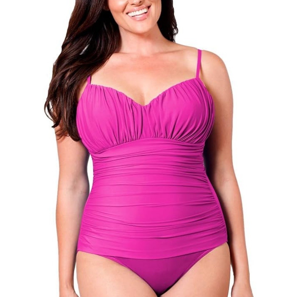 Miraclesuit Womens Fuchsia Pink Ruched‎ One Piece Swimsuit Size 14L Long Torso